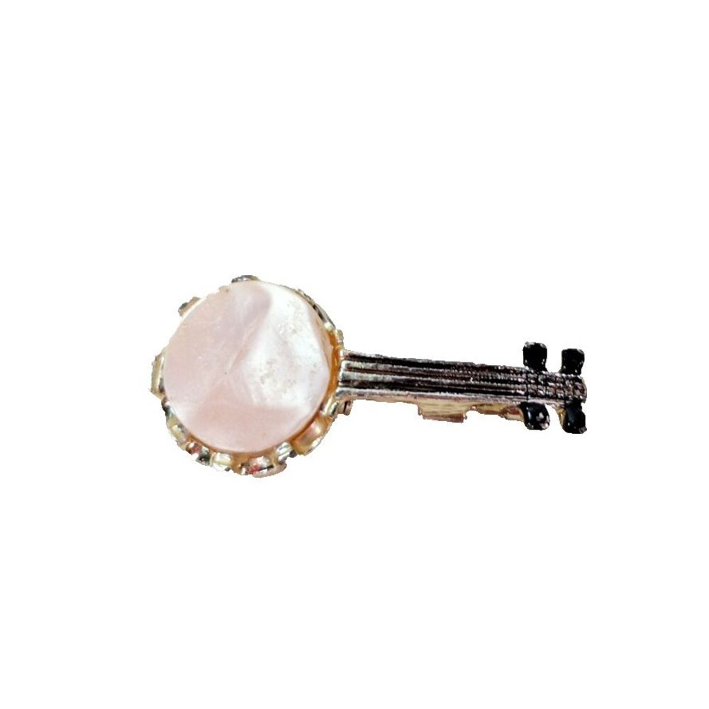 Vintage Banjo Brooch Pink Faux MOP Cabochon Rhinestone Silver Tone Music Pin